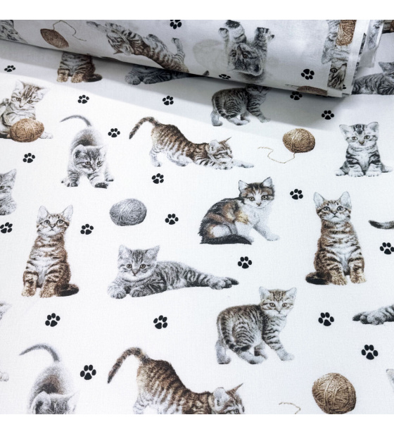 Bavlněná látka, metráž. Kočky a klubko na Bílém