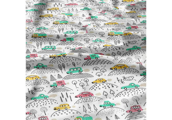 Dětská bavlněná látka metráž Autička na Mentolovém