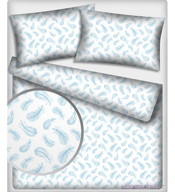 Dekorační bavlněná látka metráž vzor Pírky, barva modrá na bílém