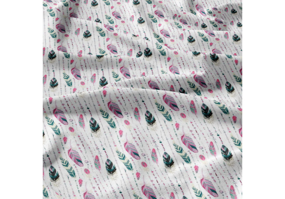 Dekorační bavlněná látka, metráž, Pírka Zelená a Růžová