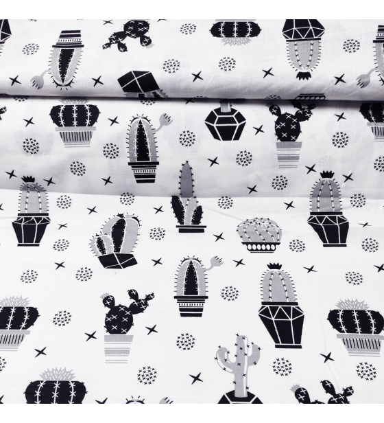 Dekorační dětská bavlněná látka vzor Kaktusy černé na bílém