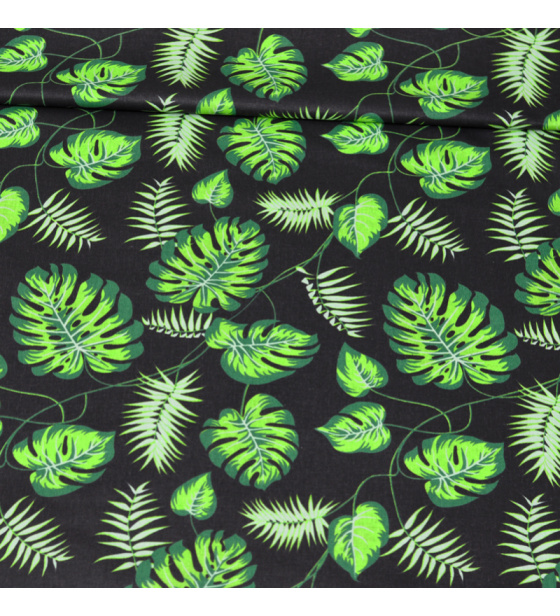 Dekorační dětská bavlněná látka vzor Palma zelená na černém