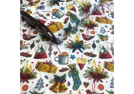 Vánoční bavlněná látka, metráž, šíře 160 cm, Vánoční vzor na Bílém