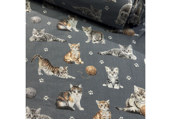 Bavlněná látka, metráž. Kočky a klubko na Šedém