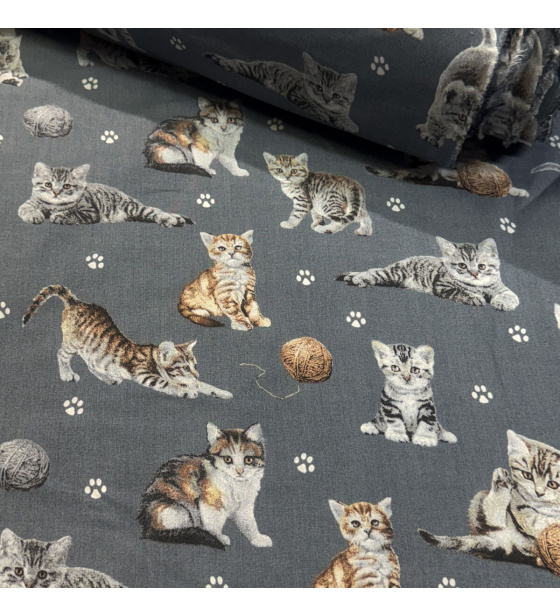 Bavlněná látka, metráž. Kočky a klubko na Šedém