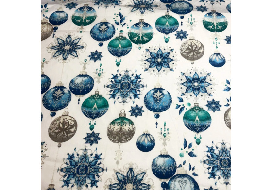 Vánoční bavlněná látka, metráž, šíře 160 cm, Vánoční Hračky Šedé a Modré na Bílém