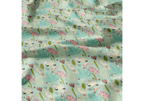 Bavlněné látky, metráž. Ovečky na Mentolovém