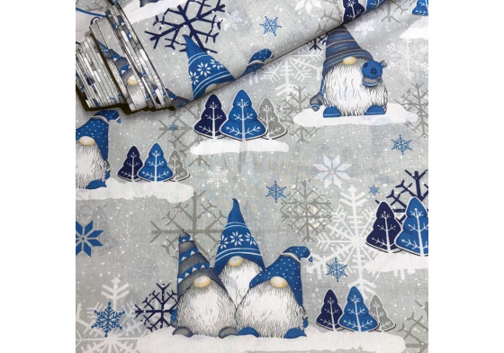 Vánoční bavlněná látka, metráž, šíře 160 cm, Skřítci Tm.Modré na Šedém