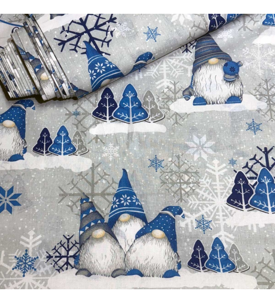 Vánoční bavlněná látka, metráž, šíře 160 cm, Skřítci Tm.Modré na Šedém