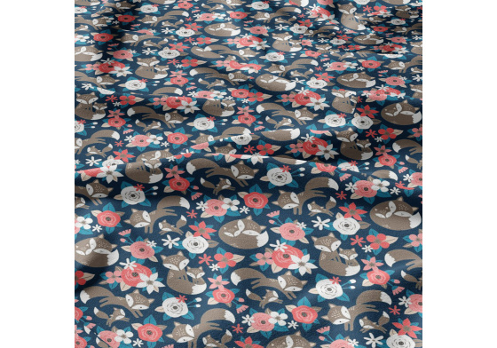 Bavlněná látka Kytičky Růžové a lišky na Granátovém