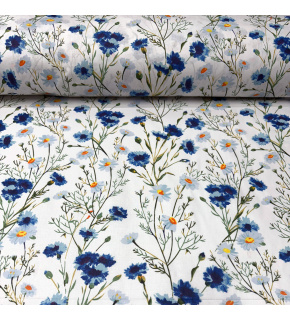 Bavlněná látka 100% bavlny, 125 g/m², šíře 160 cm, květiny modré na bílém