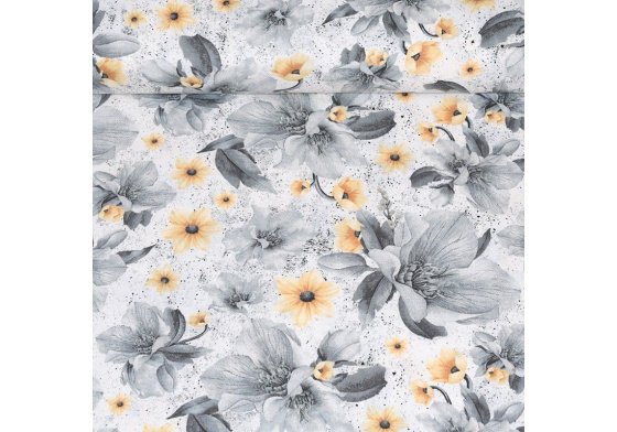 Dekorační dětská bavlněná látka vzor kytičky šedo-žluté na bílém