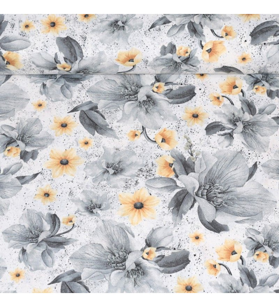 Dekorační dětská bavlněná látka vzor kytičky šedo-žluté na bílém