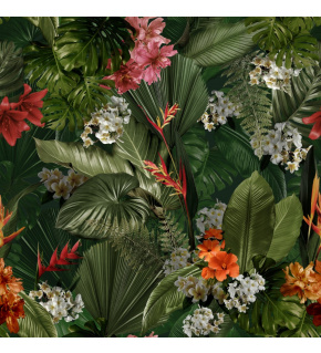 Velurové potahové látky s potiskem. Zelené tropické listy s květiny