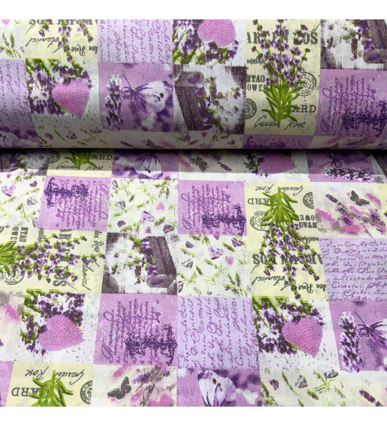 Bavlněná látka Kytíčky a Dopis barva fialová