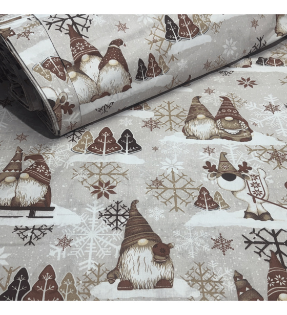 Vánoční bavlněná látka, metráž, šíře 160 cm, Skřítci Hnědé na Šedém