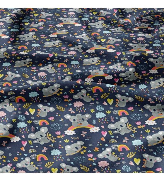 Bavlněné látky, metráž. Pandy na duze na modrém