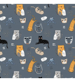 Bavlněné látky, metráž. Kočky Milk na Grafitovém