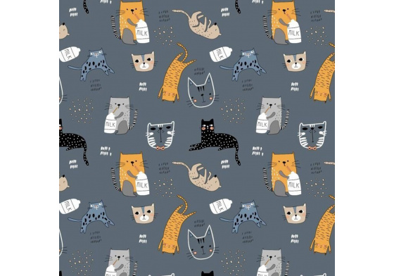 Bavlněné látky, metráž. Kočky Milk na Grafitovém