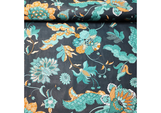 Bavlněná látka vzor Poviev žlutý, tmavozelený podklad