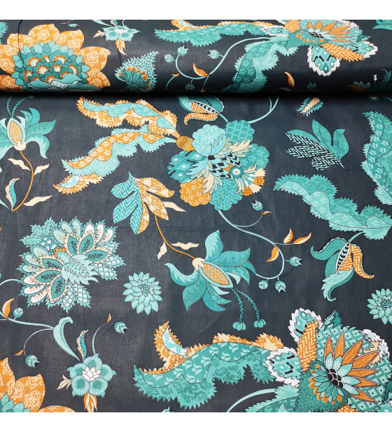 Bavlněná látka vzor Poviev žlutý, tmavozelený podklad