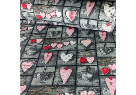 Dekorační bavlněná látka, metráž, Srdíčka na Šedém