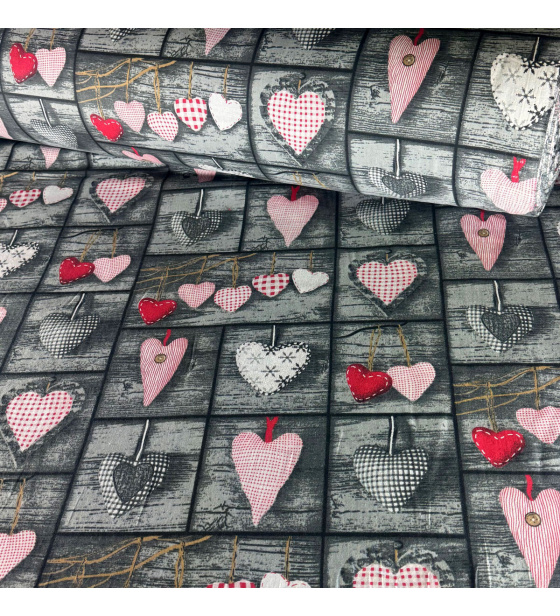 Dekorační bavlněná látka, metráž, Srdíčka na Šedém