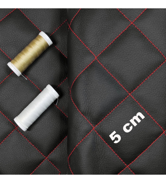 Ekokůže prošívaná 5×5 cm, černá, červené nitě, metráž, šíře 145 cm