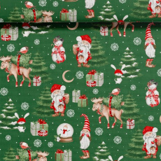 Vánoční bavlněná dekorační látka, metráž 160 cm, vzor sněhulák na zeleném