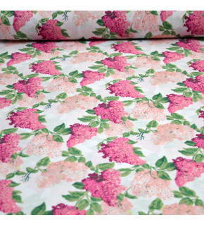 Bavlněná látka 100% bavlny, 125 g/m², šíře 160 cm, větve šeříku růžové na bílém Bavlněná látka 100% bavlny, 125 g/m², šíře 160 cm, větve šeříku růžové na bílém