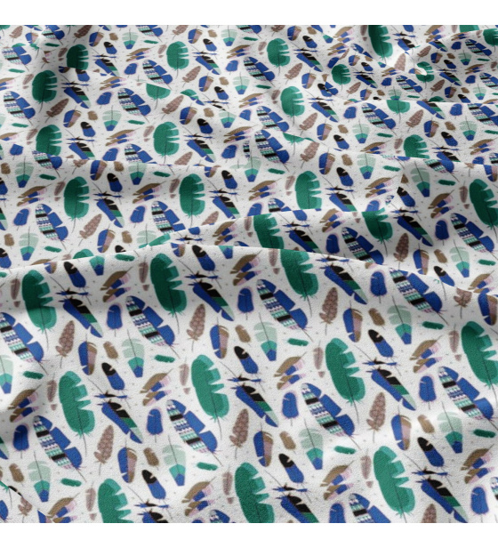 Dekorační bavlněná látka, metráž, Pírka Modrá a Mentolová na Bílém