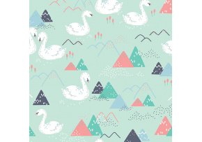 Bavlněné látky, metráž. Labutě na Mentolovém