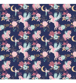 Bavlněná látka, metráž. Jednorožec na modrém