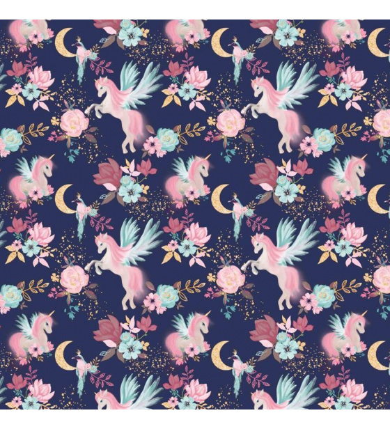Bavlněná látka, metráž. Jednorožec na modrém