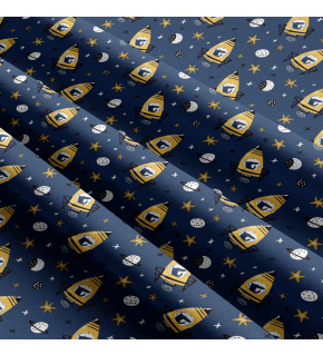 Dětská bavlněná látka metráž Rakety Žluté na modrém