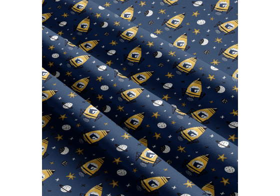 Dětská bavlněná látka metráž Rakety Žluté na Granátovém