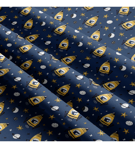 Dětská bavlněná látka metráž Rakety Žluté na modrém