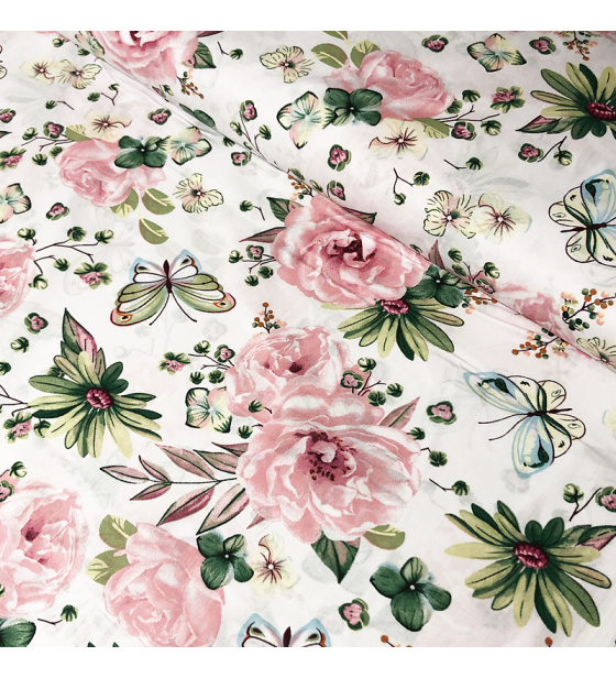 Dekorační dětská bavlněná látka vzor kytičky velké Růže na bílém