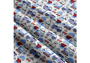 Dětská bavlněná látka metráž Stavební stroje na Modrém