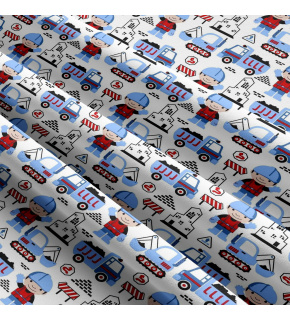 Dětská bavlněná látka metráž Stavební stroje na bilém