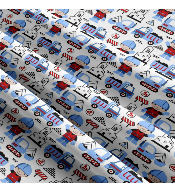 Dětská bavlněná látka metráž Stavební stroje na bilém