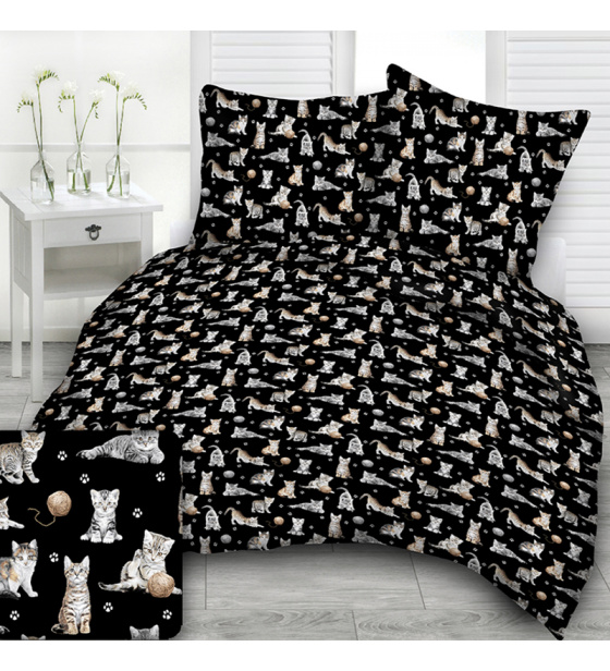 Bavlněné látky vzor Kočky a klubko na černém