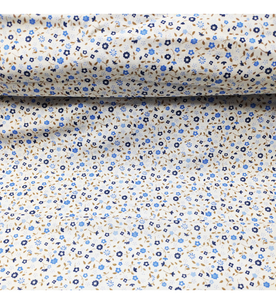 Dekorační dětská bavlněná látka vzor kytičky modro-šedé na bílém