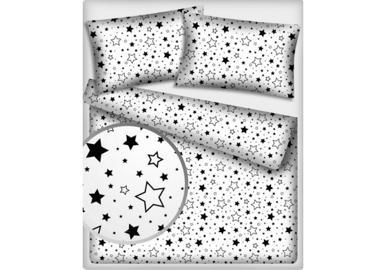 Dětská dekorační bavlněná látka vzor hvězdy černé na bílém