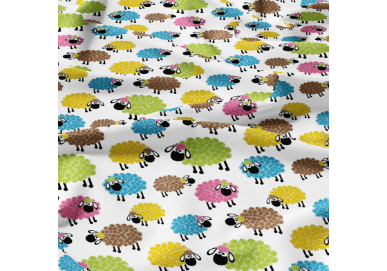 Bavlněné látky, metráž. Ovečky Multi na Bílém 