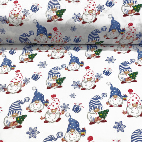 Vánoční bavlněná dekorační látka, vzor Skřítek Modrý na bílém, metráž 160 cm