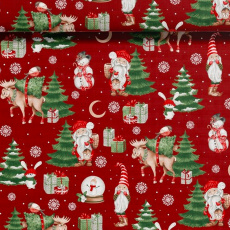 Vánoční bavlněná dekorační látka, metráž 160 cm, vzor sněhulák na červeném