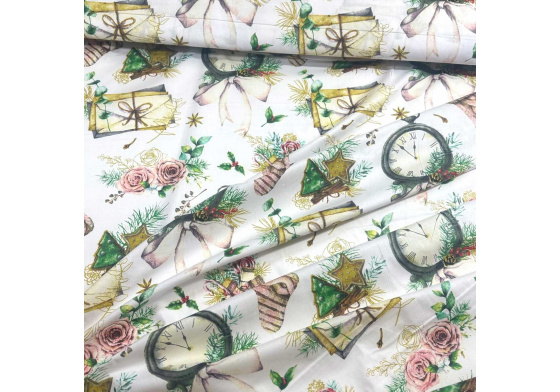 Christmas cotton fabric, by the meter, width 160 cm, Christmas motif on White