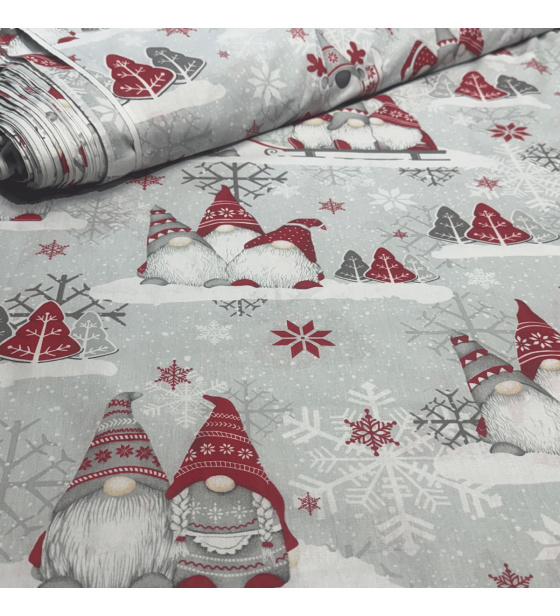 Vánoční bavlněná látka, metráž, šíře 160 cm, Skřítci Červené na Šedém, Červené sněh.vločky