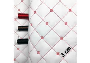 Ekokůže MIX 3x3 cm barva Bílá prošívaná Červenými nitěmi, metráž, 145 cm